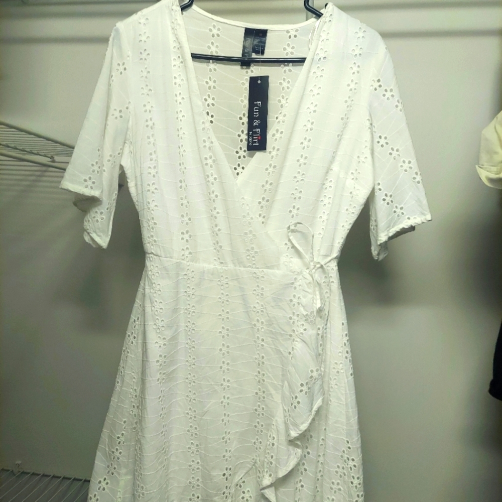 White cotton eyelet wrap dress